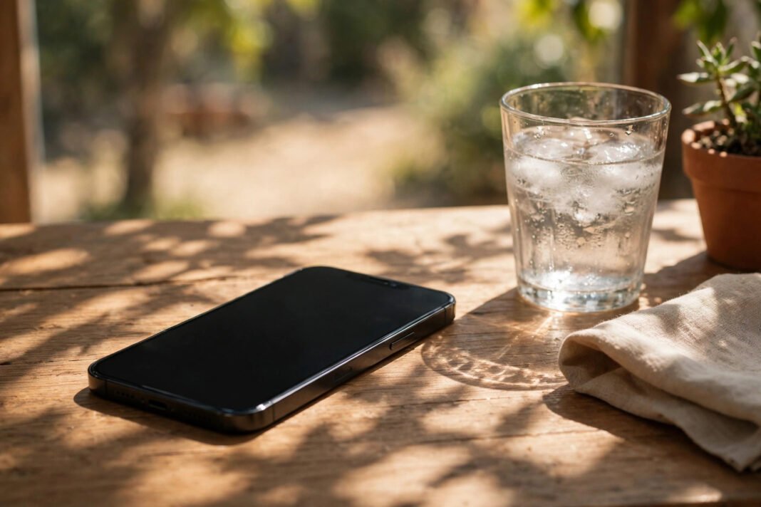 How to Fix iPhone Overheating Before It Slows You Down iPhone resting in shade on a desk on a warm day, for how to fix iphone overheating guide