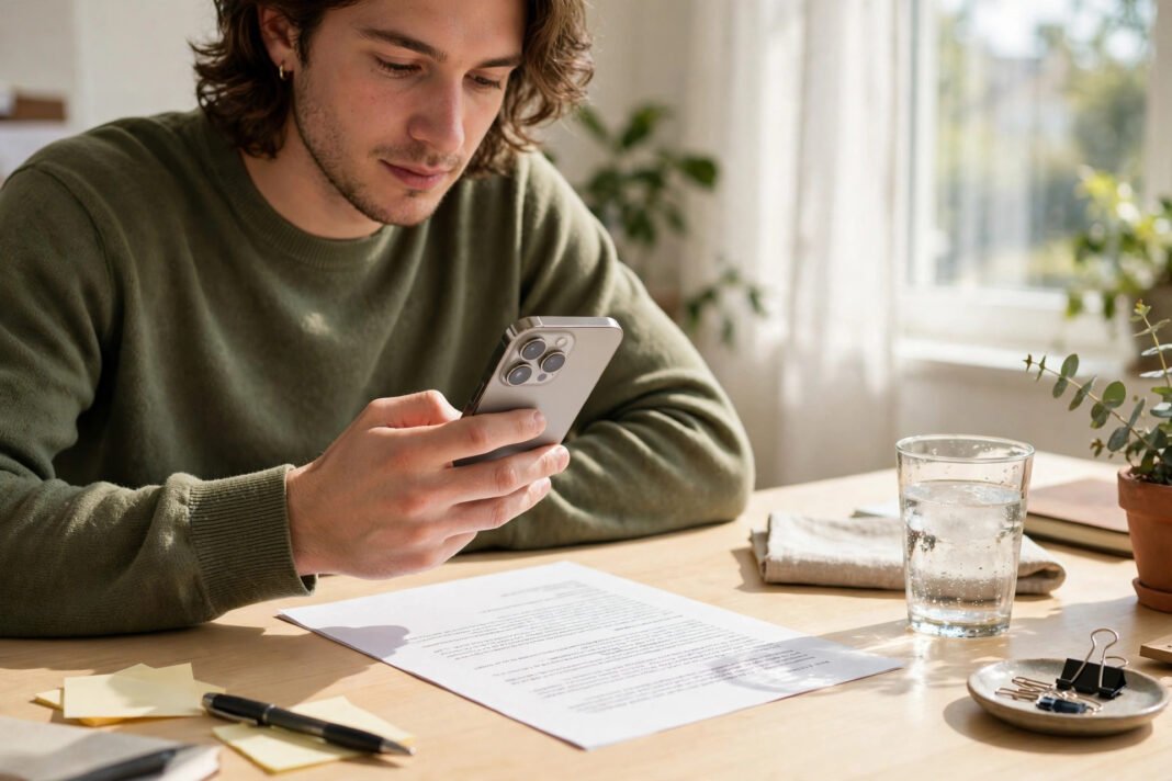 How to Scan Documents on iPhone Without a Scanner App Person scanning a paper document with an iPhone on a bright desk, for how to scan documents on iphone guide