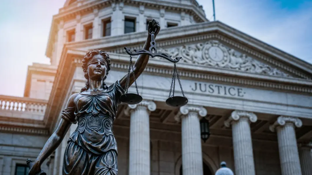 Pakistan Law Books PDF: Essential Reads for Students Statue of Lady Justice holding scales before a courthouse