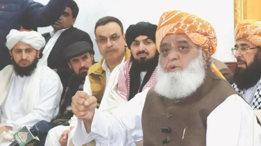 JUI-F KP Tells Members to Quit ARDC in Three Days Maulana Fazlur Rehman with JUI-F leaders amid JUI-F ARDC Khyber Pakhtunkhwa row