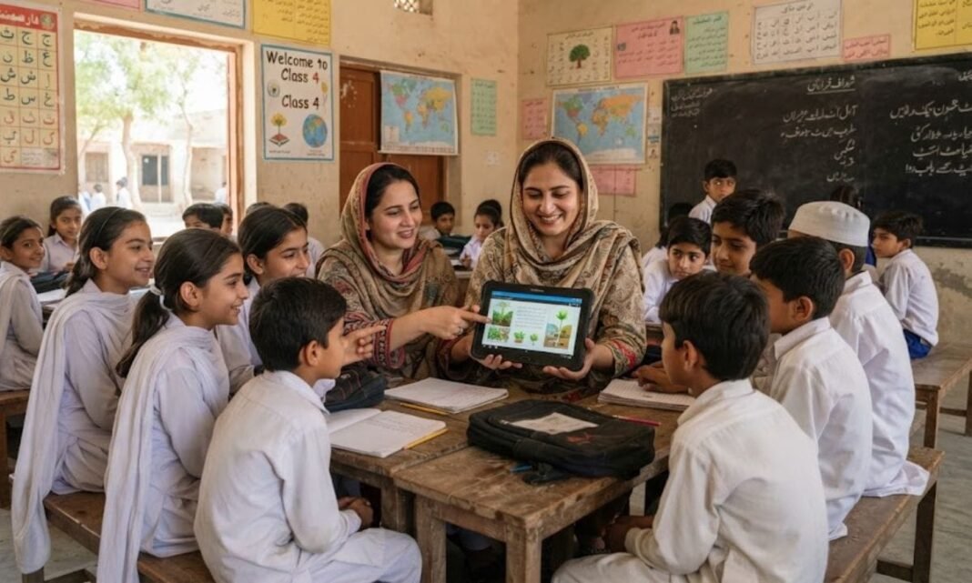 Sindh hands out 1,000 tablets to centres teaching out-of-school children Facilitators show a tablet to children in a classroom; Sindh tablets out-of-school children initiative