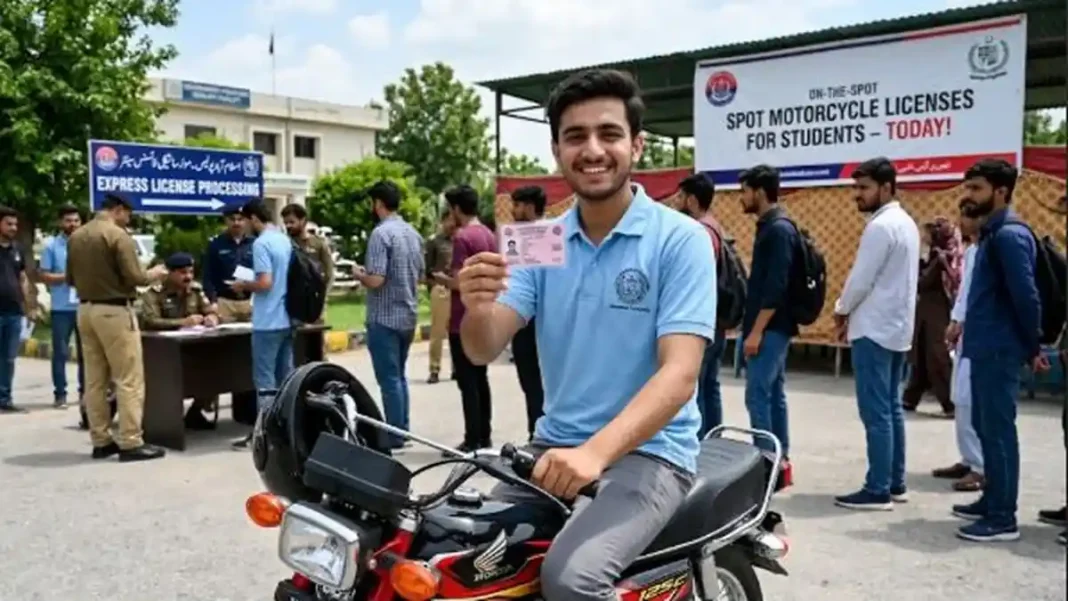 Islamabad Students Get Same-Day Bike Licences Student on motorcycle holding new licence card — Islamabad student motorcycle licence