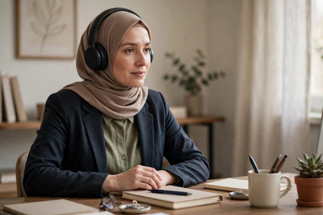 A women at work podcast that fits your busy day Woman listening with headphones at a tidy desk, for women at work podcast guide