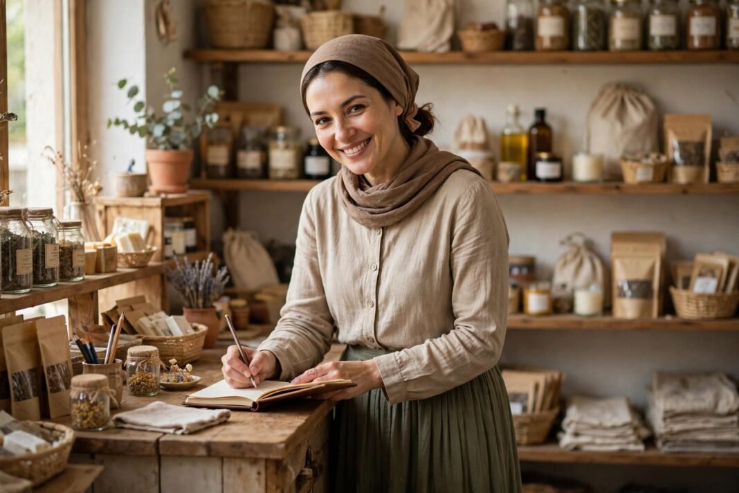Women Entrepreneurship: A Quiet Dream Worth Starting Woman behind a small shop counter writing in a notebook, for women entrepreneurship guide