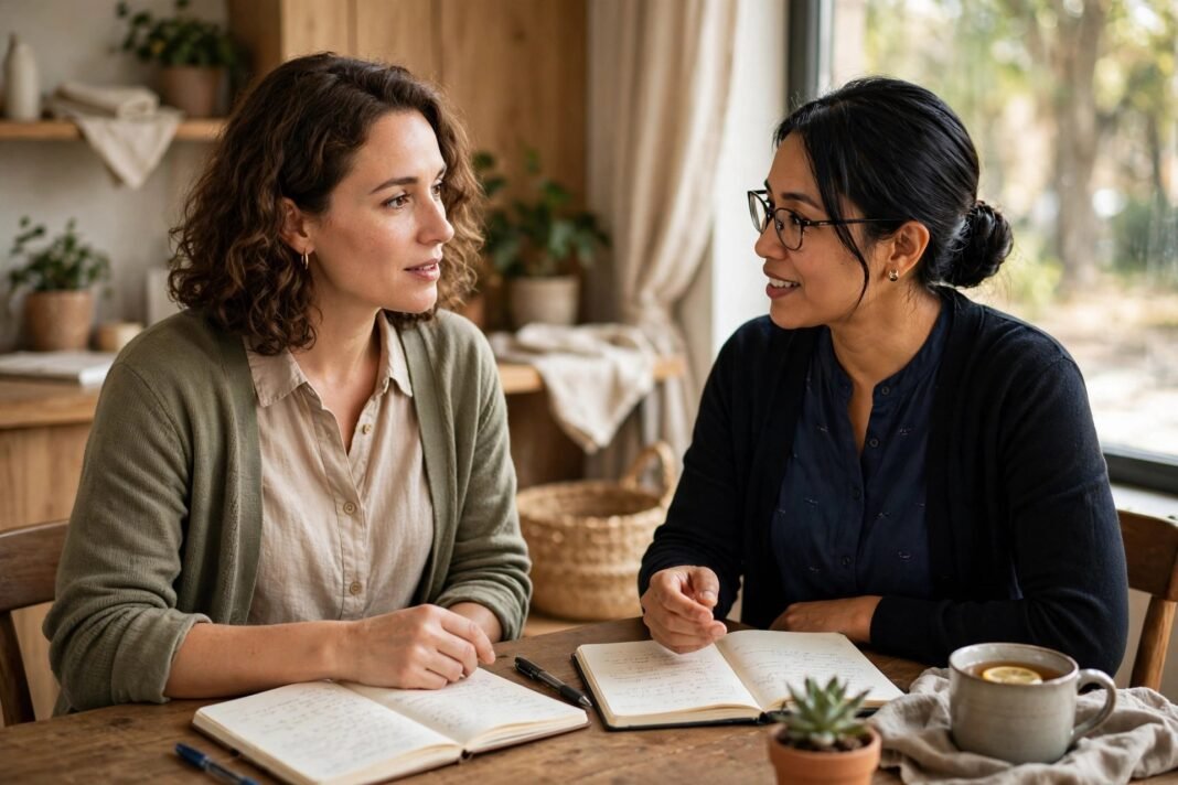 Could a women leadership coach change how you lead? Two women talking over notebooks at a table, for women leadership coach guide