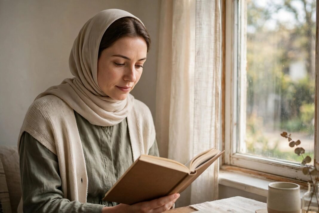 Quiet Courage Daily: women leadership quotes to Lift You Woman reading a book by a window, for women leadership quotes guide