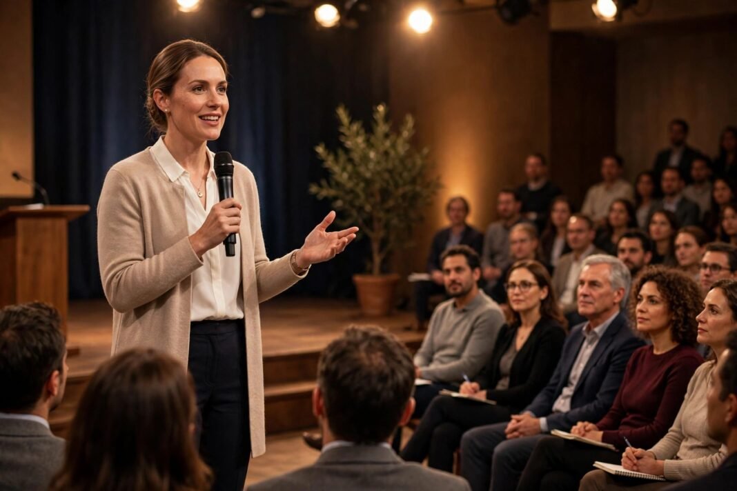 Women Leadership Speakers: Secrets That Change Every Room Woman speaking on stage to a seated audience, for women leadership speakers guide